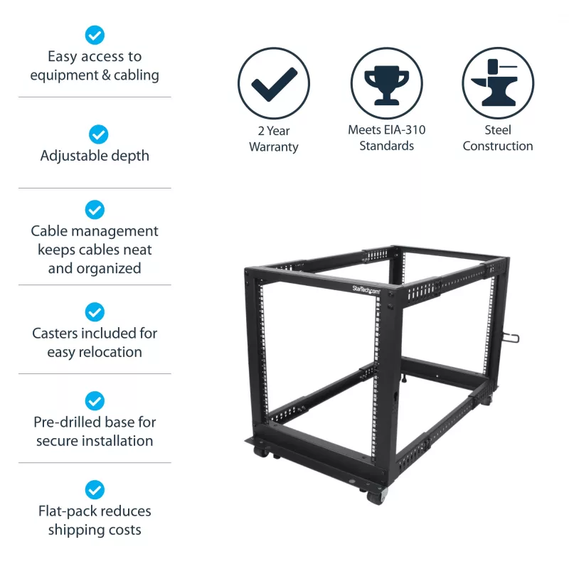StarTech.com 4-posts 12U mobiel open-frame serverrack, vier-posts 19 inch netwerkrack met wielen, rolbaar rack met verstelbare diepte voor computer/AV/data/IT-apparatuur – wielen, stelvoeten of vloermontage