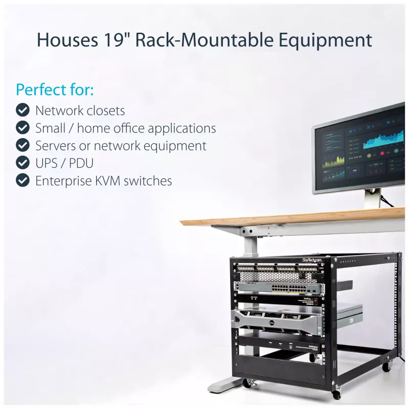 StarTech.com 4-posts 12U mobiel open-frame serverrack, vier-posts 19 inch netwerkrack met wielen, rolbaar rack met verstelbare diepte voor computer/AV/data/IT-apparatuur – wielen, stelvoeten of vloermontage
