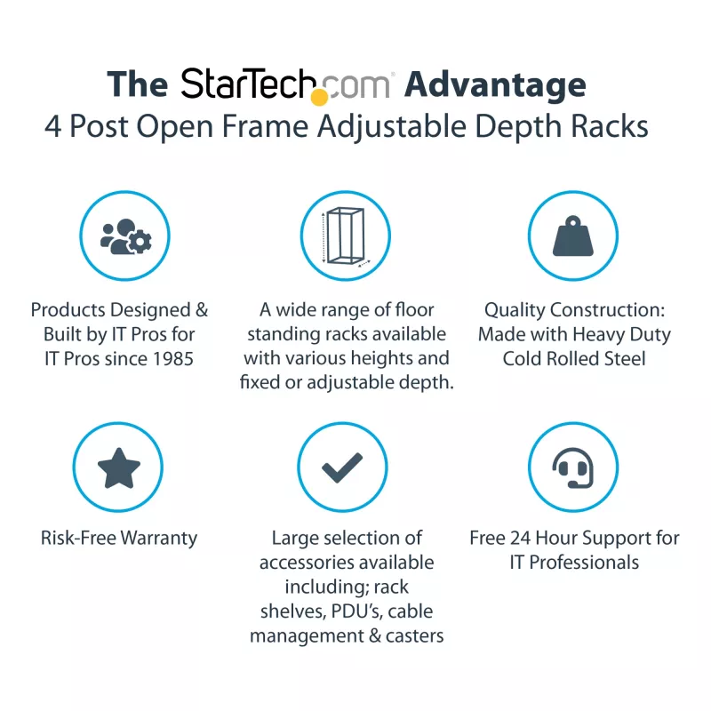 StarTech.com 4-posts 12U mobiel open-frame serverrack, vier-posts 19 inch netwerkrack met wielen, rolbaar rack met verstelbare diepte voor computer/AV/data/IT-apparatuur – wielen, stelvoeten of vloermontage