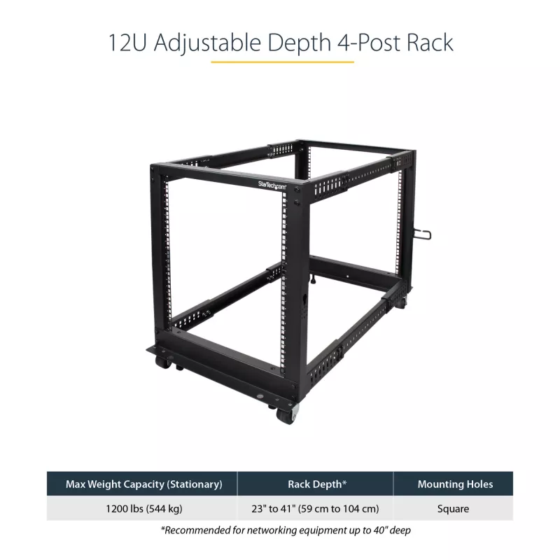 StarTech.com 4-posts 12U mobiel open-frame serverrack, vier-posts 19 inch netwerkrack met wielen, rolbaar rack met verstelbare diepte voor computer/AV/data/IT-apparatuur – wielen, stelvoeten of vloermontage