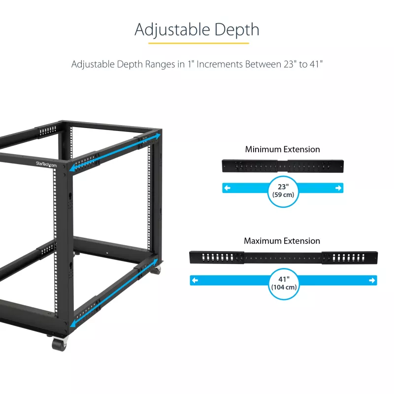 StarTech.com 4-posts 12U mobiel open-frame serverrack, vier-posts 19 inch netwerkrack met wielen, rolbaar rack met verstelbare diepte voor computer/AV/data/IT-apparatuur – wielen, stelvoeten of vloermontage