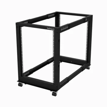 StarTech.com 4-posts 15U mobiel open-frame serverrack, vier-posts 19 inch netwerkrack met wielen, rolbaar rack met verstelbare diepte voor computer/AV/data/IT-apparatuur – zwenkwielen, stelvoeten of vloermontage