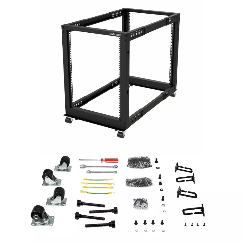 StarTech.com 4-posts 15U mobiel open-frame serverrack, vier-posts 19 inch netwerkrack met wielen, rolbaar rack met verstelbare diepte voor computer/AV/data/IT-apparatuur – zwenkwielen, stelvoeten of vloermontage