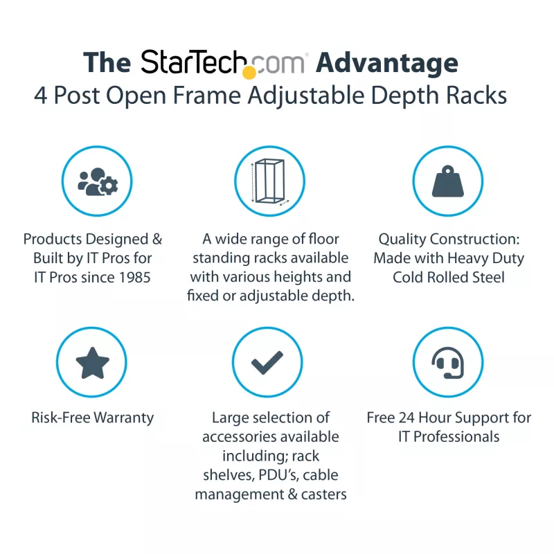 StarTech.com 4-posts 15U mobiel open-frame serverrack, vier-posts 19 inch netwerkrack met wielen, rolbaar rack met verstelbare diepte voor computer/AV/data/IT-apparatuur – zwenkwielen, stelvoeten of vloermontage