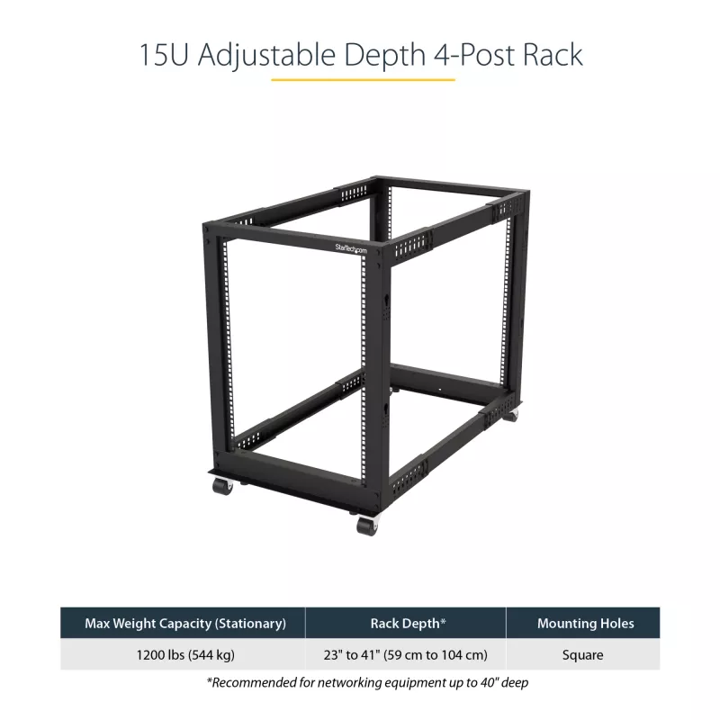 StarTech.com 4-posts 15U mobiel open-frame serverrack, vier-posts 19 inch netwerkrack met wielen, rolbaar rack met verstelbare diepte voor computer/AV/data/IT-apparatuur – zwenkwielen, stelvoeten of vloermontage