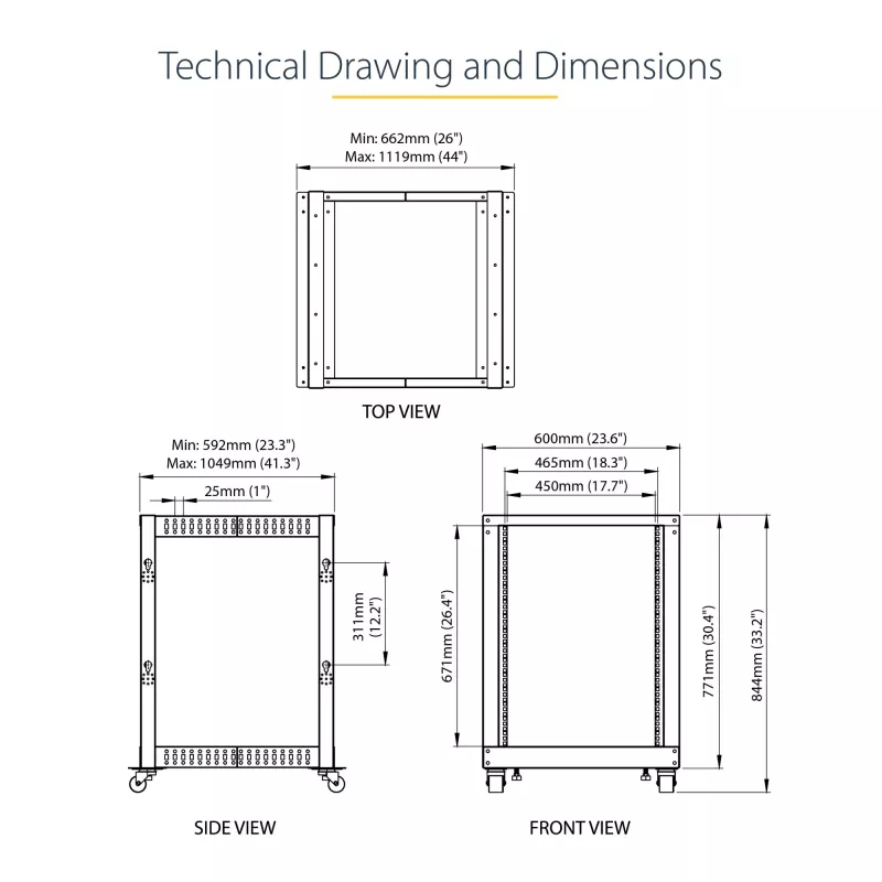 StarTech.com 4-posts 15U mobiel open-frame serverrack, vier-posts 19 inch netwerkrack met wielen, rolbaar rack met verstelbare diepte voor computer/AV/data/IT-apparatuur – zwenkwielen, stelvoeten of vloermontage