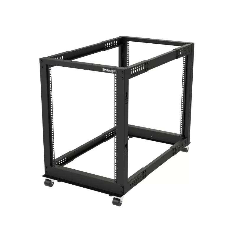 StarTech.com 4-posts 15U mobiel open-frame serverrack, vier-posts 19 inch netwerkrack met wielen, rolbaar rack met verstelbare diepte voor computer/AV/data/IT-apparatuur – zwenkwielen, stelvoeten of vloermontage