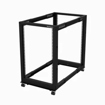 StarTech.com 4-posts 18U mobiel open-frame serverrack, vier-posts 19 inch netwerkrack met wielen, rolbaar rack met verstelbare diepte voor computer/AV/data/IT-apparatuur – wielen, stelvoeten of vloermontage