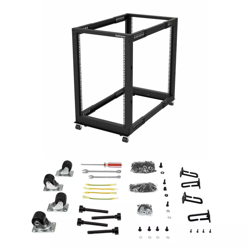 StarTech.com 4-posts 18U mobiel open-frame serverrack, vier-posts 19 inch netwerkrack met wielen, rolbaar rack met verstelbare diepte voor computer/AV/data/IT-apparatuur – wielen, stelvoeten of vloermontage