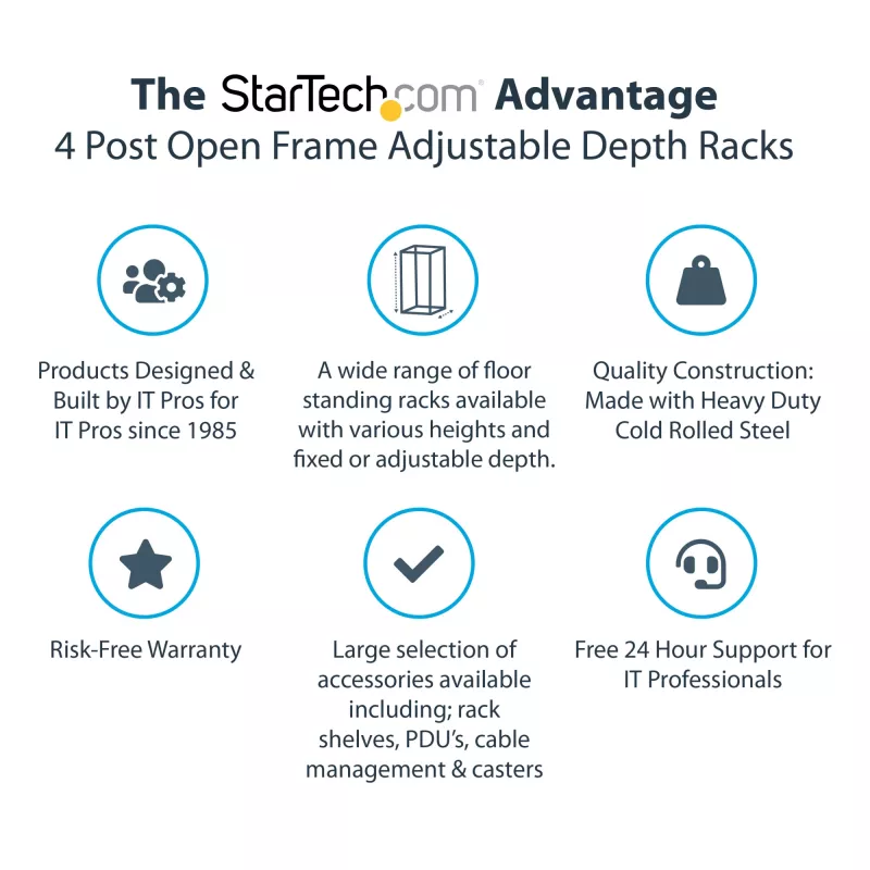 StarTech.com 4-posts 18U mobiel open-frame serverrack, vier-posts 19 inch netwerkrack met wielen, rolbaar rack met verstelbare diepte voor computer/AV/data/IT-apparatuur – wielen, stelvoeten of vloermontage