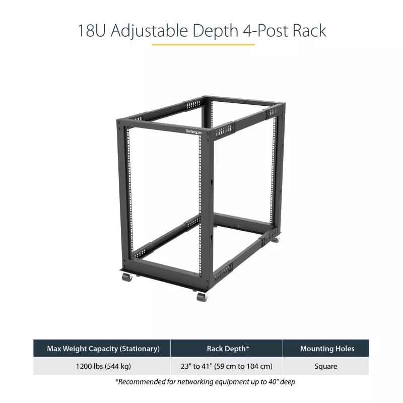 StarTech.com 4-posts 18U mobiel open-frame serverrack, vier-posts 19 inch netwerkrack met wielen, rolbaar rack met verstelbare diepte voor computer/AV/data/IT-apparatuur – wielen, stelvoeten of vloermontage
