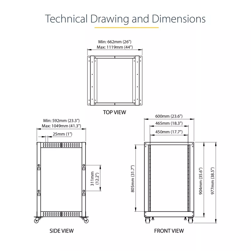 StarTech.com 4-posts 18U mobiel open-frame serverrack, vier-posts 19 inch netwerkrack met wielen, rolbaar rack met verstelbare diepte voor computer/AV/data/IT-apparatuur – wielen, stelvoeten of vloermontage