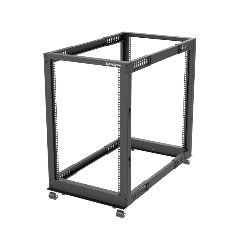 StarTech.com 4-posts 18U mobiel open-frame serverrack, vier-posts 19 inch netwerkrack met wielen, rolbaar rack met verstelbare diepte voor computer/AV/data/IT-apparatuur – wielen, stelvoeten of vloermontage