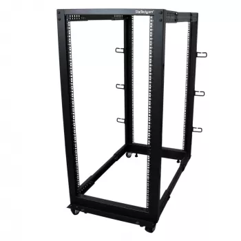 StarTech.com 4-posts 25U mobiel open-frame serverrack, vier-posts 19 inch netwerkrack met wielen, rolbaar rack met verstelbare diepte voor computer/AV/data/IT-apparatuur – wielen, stelvoeten of vloermontage