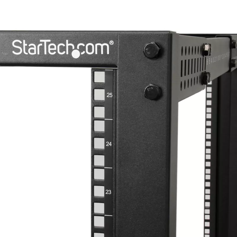 StarTech.com 4-posts 25U mobiel open-frame serverrack, vier-posts 19 inch netwerkrack met wielen, rolbaar rack met verstelbare diepte voor computer/AV/data/IT-apparatuur – wielen, stelvoeten of vloermontage