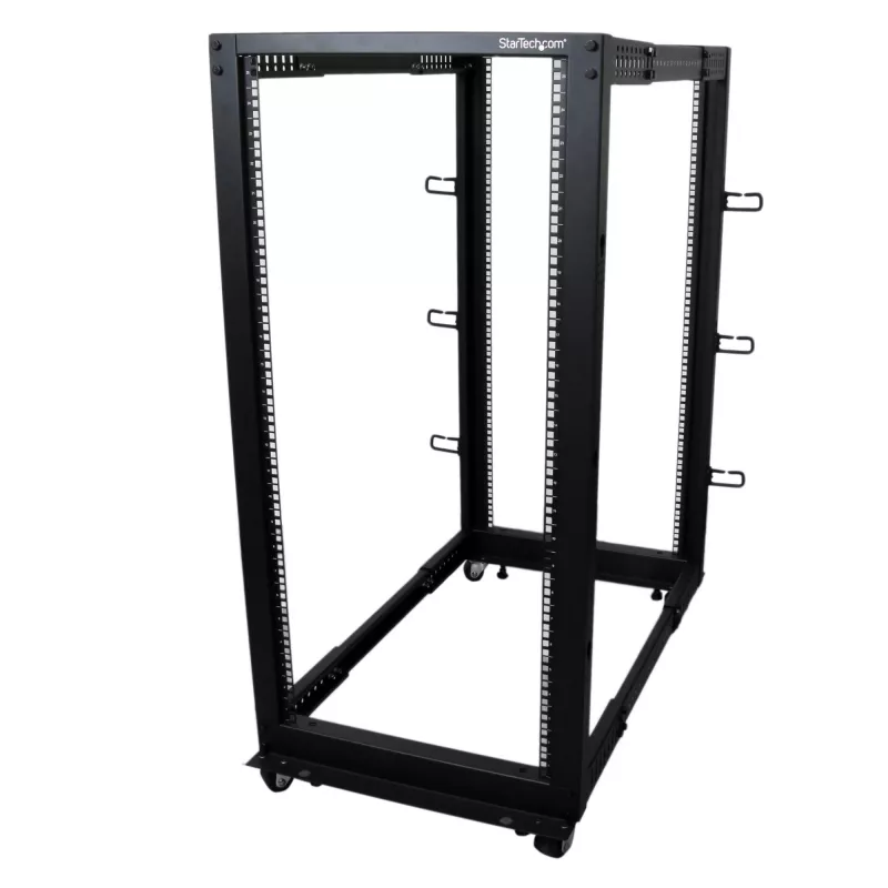 StarTech.com 4-posts 25U mobiel open-frame serverrack, vier-posts 19 inch netwerkrack met wielen, rolbaar rack met verstelbare diepte voor computer/AV/data/IT-apparatuur – wielen, stelvoeten of vloermontage