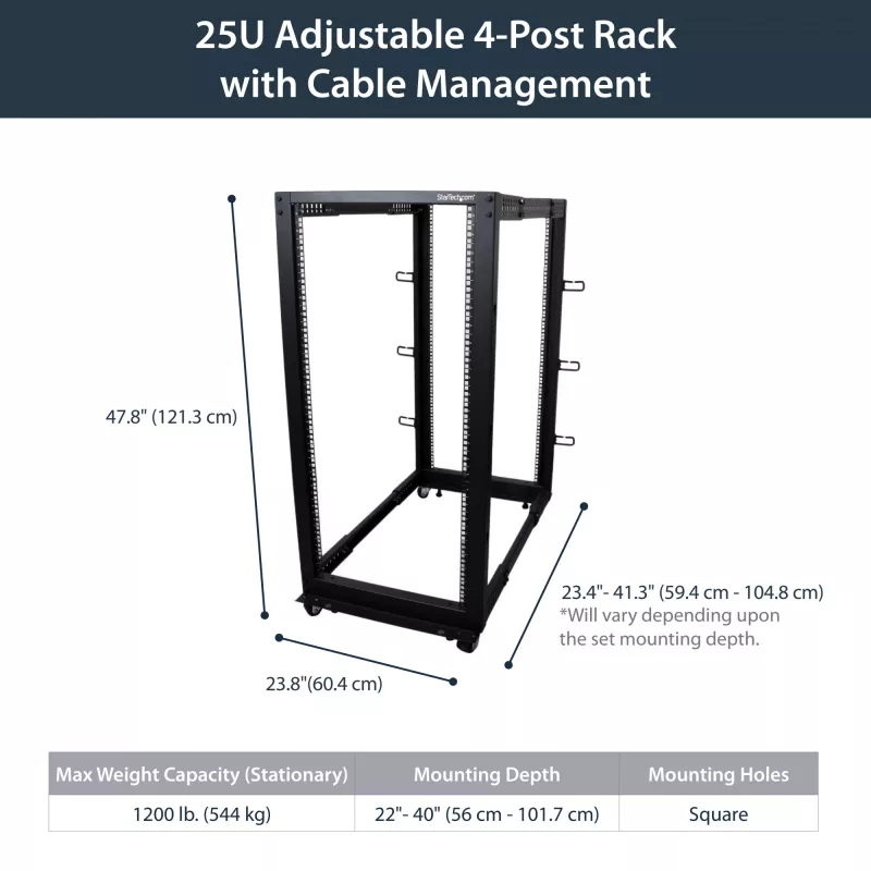StarTech.com 4-posts 25U mobiel open-frame serverrack, vier-posts 19 inch netwerkrack met wielen, rolbaar rack met verstelbare diepte voor computer/AV/data/IT-apparatuur – wielen, stelvoeten of vloermontage