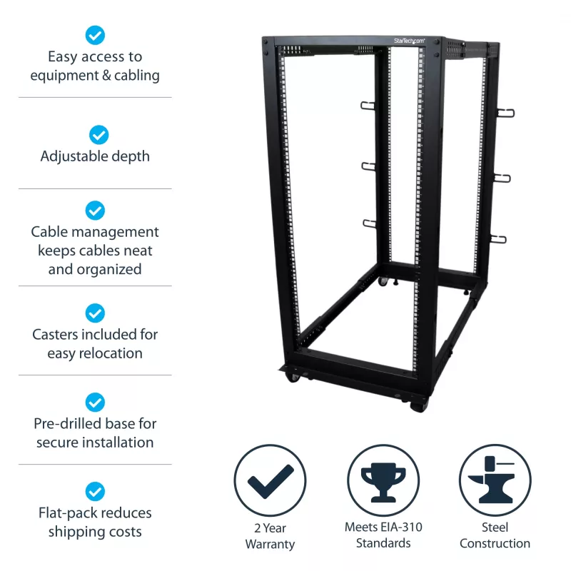 StarTech.com 4-posts 25U mobiel open-frame serverrack, vier-posts 19 inch netwerkrack met wielen, rolbaar rack met verstelbare diepte voor computer/AV/data/IT-apparatuur – wielen, stelvoeten of vloermontage
