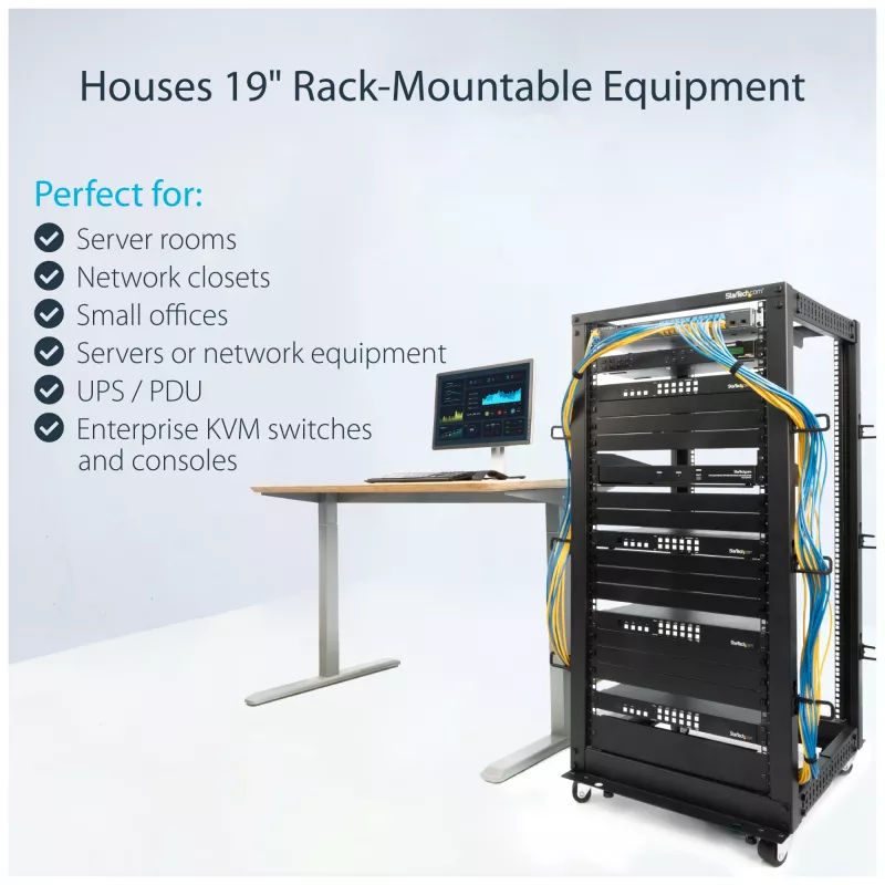 StarTech.com 4-posts 25U mobiel open-frame serverrack, vier-posts 19 inch netwerkrack met wielen, rolbaar rack met verstelbare diepte voor computer/AV/data/IT-apparatuur – wielen, stelvoeten of vloermontage