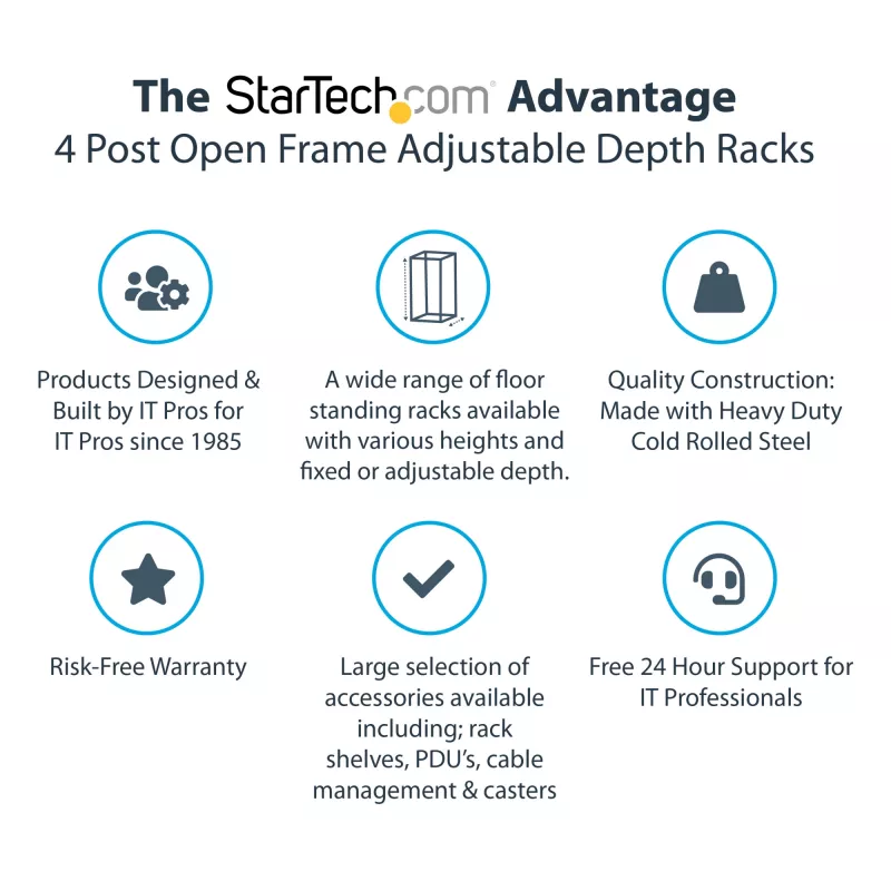 StarTech.com 4-posts 25U mobiel open-frame serverrack, vier-posts 19 inch netwerkrack met wielen, rolbaar rack met verstelbare diepte voor computer/AV/data/IT-apparatuur – wielen, stelvoeten of vloermontage