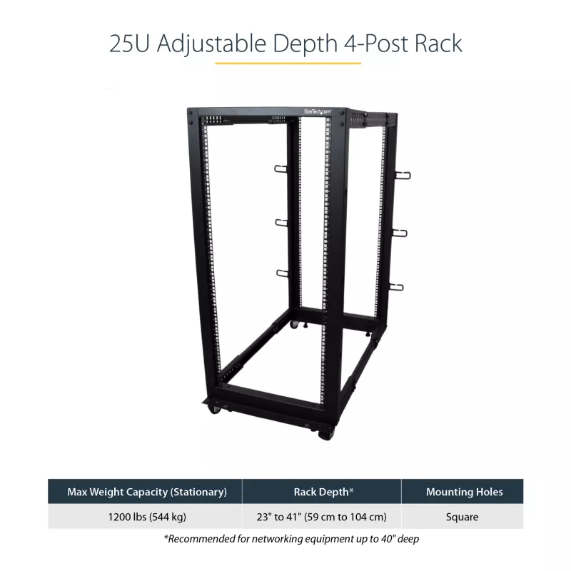 StarTech.com 4-posts 25U mobiel open-frame serverrack, vier-posts 19 inch netwerkrack met wielen, rolbaar rack met verstelbare diepte voor computer/AV/data/IT-apparatuur – wielen, stelvoeten of vloermontage