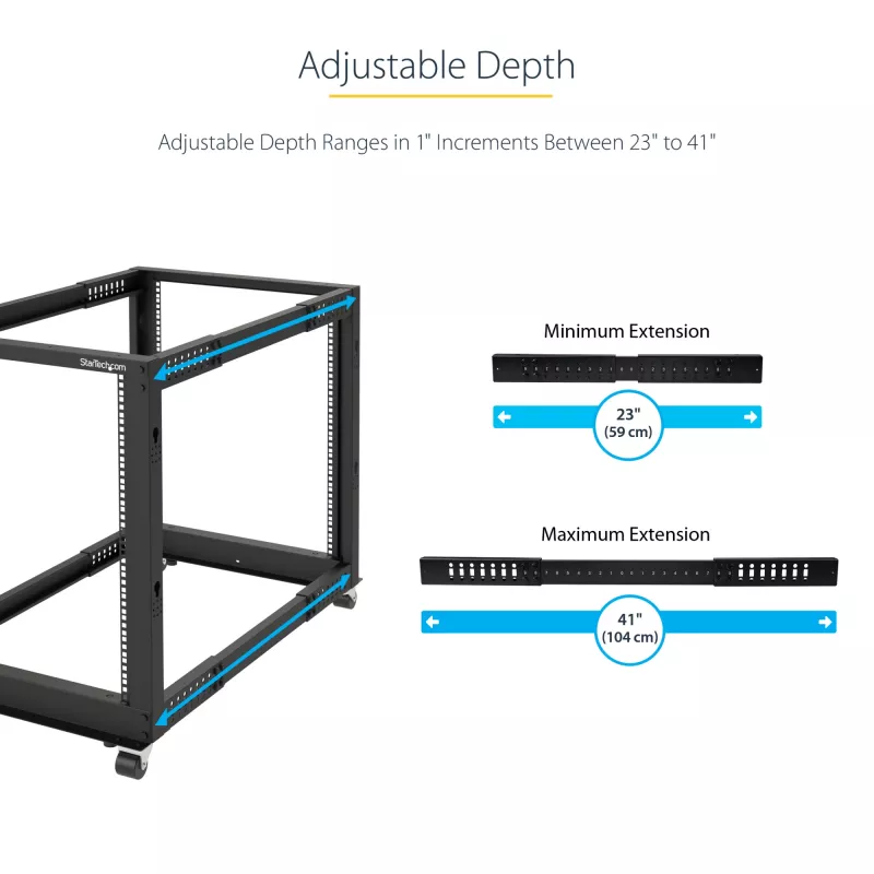 StarTech.com 4-posts 25U mobiel open-frame serverrack, vier-posts 19 inch netwerkrack met wielen, rolbaar rack met verstelbare diepte voor computer/AV/data/IT-apparatuur – wielen, stelvoeten of vloermontage