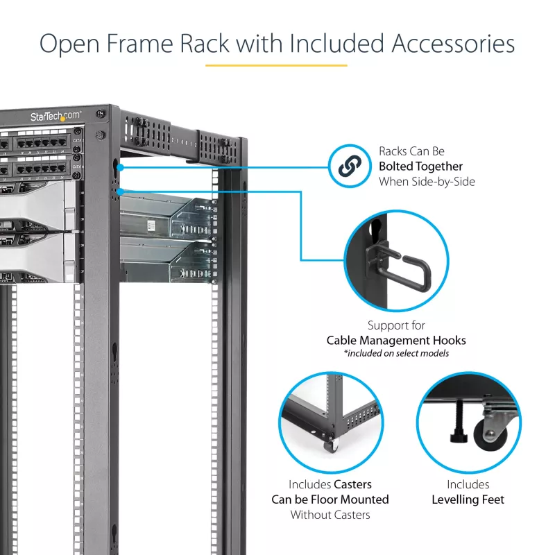 StarTech.com 4-posts 25U mobiel open-frame serverrack, vier-posts 19 inch netwerkrack met wielen, rolbaar rack met verstelbare diepte voor computer/AV/data/IT-apparatuur – wielen, stelvoeten of vloermontage