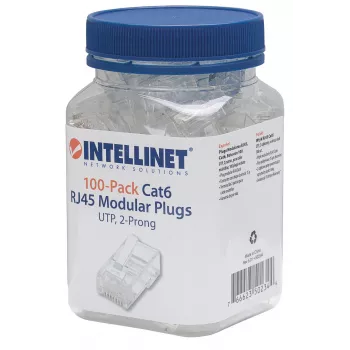 Intellinet RJ45 modulaire stekker, Cat6, UTP, 2-tandig, voor soepele aders, 15 µ vergulde contacten, 100-pack