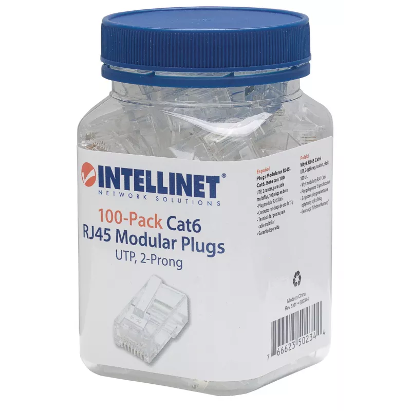 Intellinet RJ45 modulaire stekker, Cat6, UTP, 2-tandig, voor soepele aders, 15 µ vergulde contacten, 100-pack