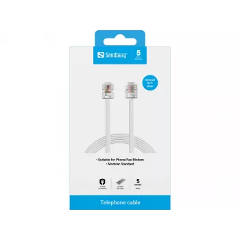 Sandberg telefoonkabel RJ11-RJ11 5 m, 5 m, RJ11, RJ11, stekker, stekker, wit