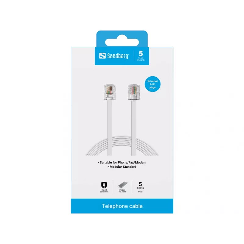 Sandberg telefoonkabel RJ11-RJ11 5 m, 5 m, RJ11, RJ11, stekker, stekker, wit