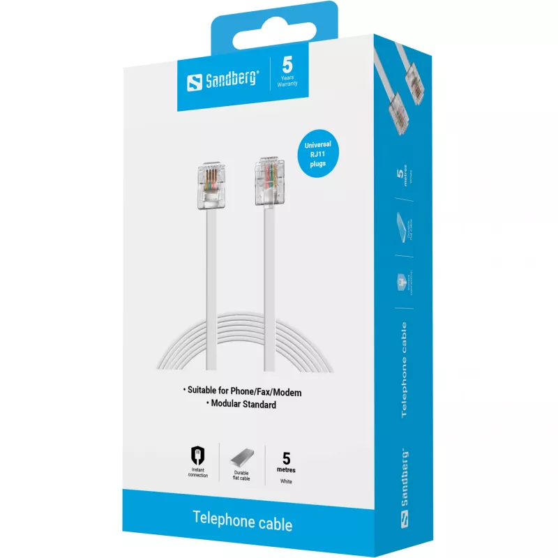 Sandberg telefoonkabel RJ11-RJ11 5 m, 5 m, RJ11, RJ11, stekker, stekker, wit