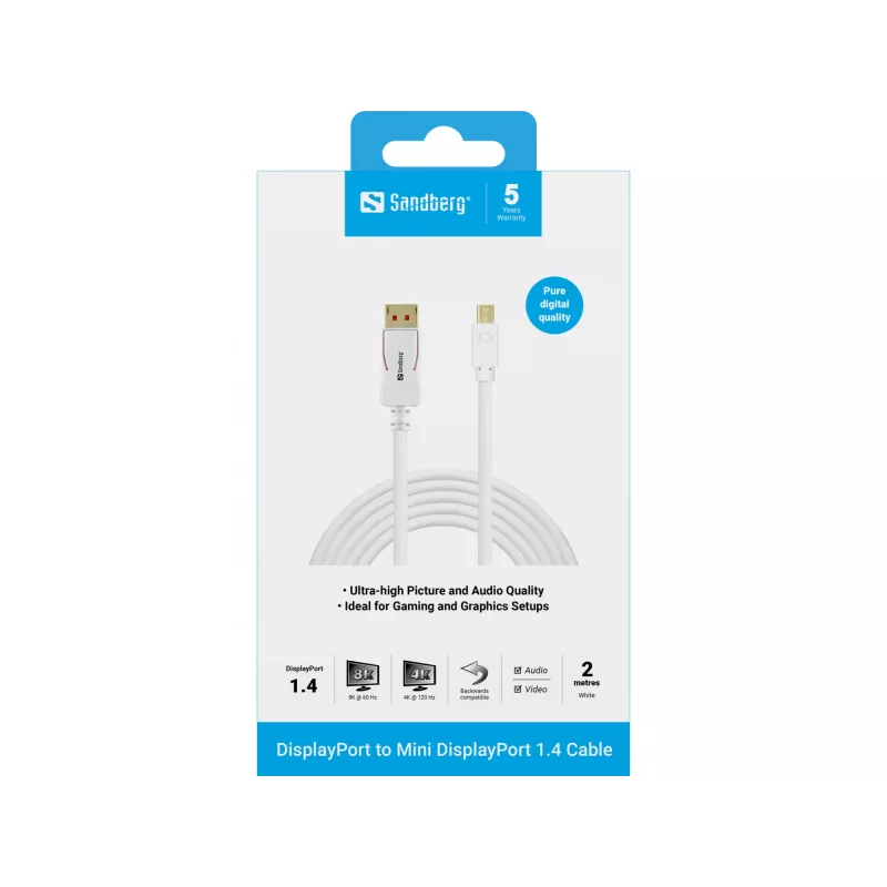 Sandberg 509-17 DisplayPort-naar-Mini-DisplayPort-kabel, DP 1.4, 8K 60 Hz (7680 x 4320), 2 m, male/male