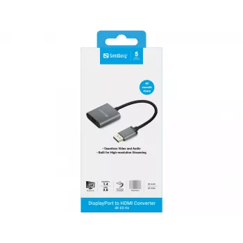 Sandberg DisplayPort 1.4 naar HDMI 2.0 4K-adapter, DisplayPort, HDMI type A (standaard), stekker, bus, 3840 x 2160 pixel, 6 Gbit/s