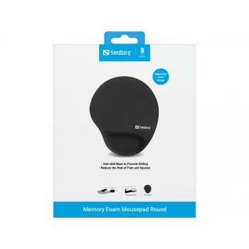 Sandberg memory foam muismat rond, zwart, effen, memory foam, polssteun, antislip onderkant