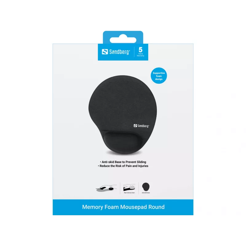 Sandberg memory foam muismat rond, zwart, effen, memory foam, polssteun, antislip onderkant
