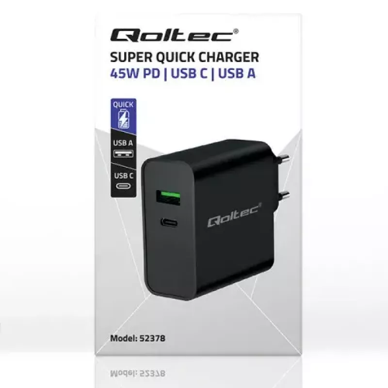 Oplader Qoltec 52378 indoor AC snellader 3A USB Type-C zwart