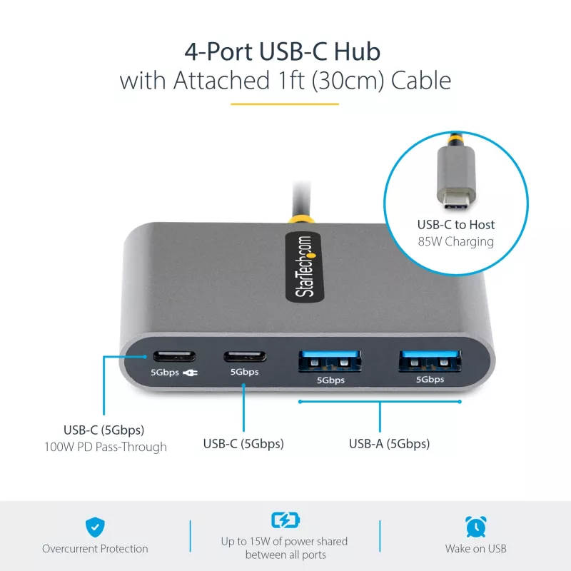 StarTech.com 4-poorts USB-C-hub met 100W Power Delivery Pass-Through – 2x USB-A + 2x USB-C – USB 3.0 5Gbps – 1ft (30cm) lange kabel – draagbare USB Type-C naar USB-A/C-hub