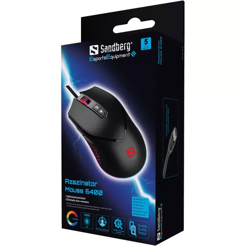 Sandberg Azazinator muis 6400, rechtshandig, USB Type-A, 6400 DPI, zwart
