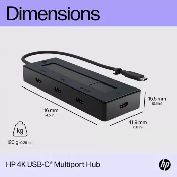 HP 4K USB-C multiport hub, USB Type-C, USB 3.2 Gen 2 (3.1 Gen 2) Type-C, 10000 Mbit/s, zwart, 4K Ultra HD, China
