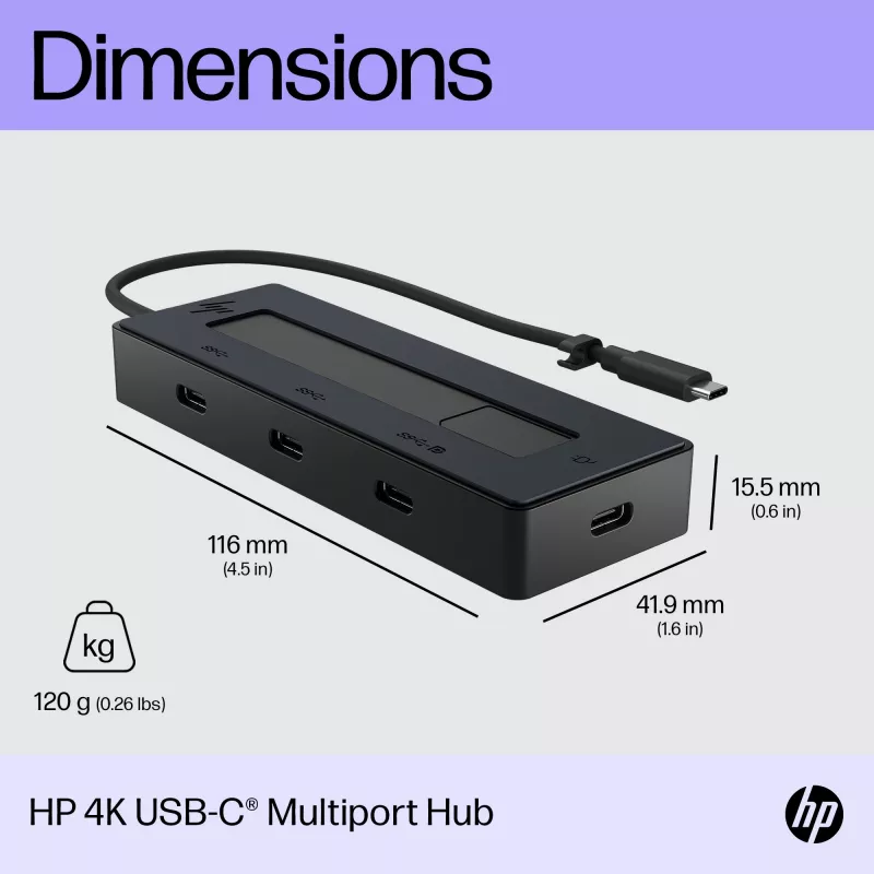 HP 4K USB-C multiport hub, USB Type-C, USB 3.2 Gen 2 (3.1 Gen 2) Type-C, 10000 Mbit/s, zwart, 4K Ultra HD, China