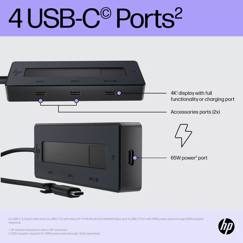HP 4K USB-C multiport hub, USB Type-C, USB 3.2 Gen 2 (3.1 Gen 2) Type-C, 10000 Mbit/s, zwart, 4K Ultra HD, China