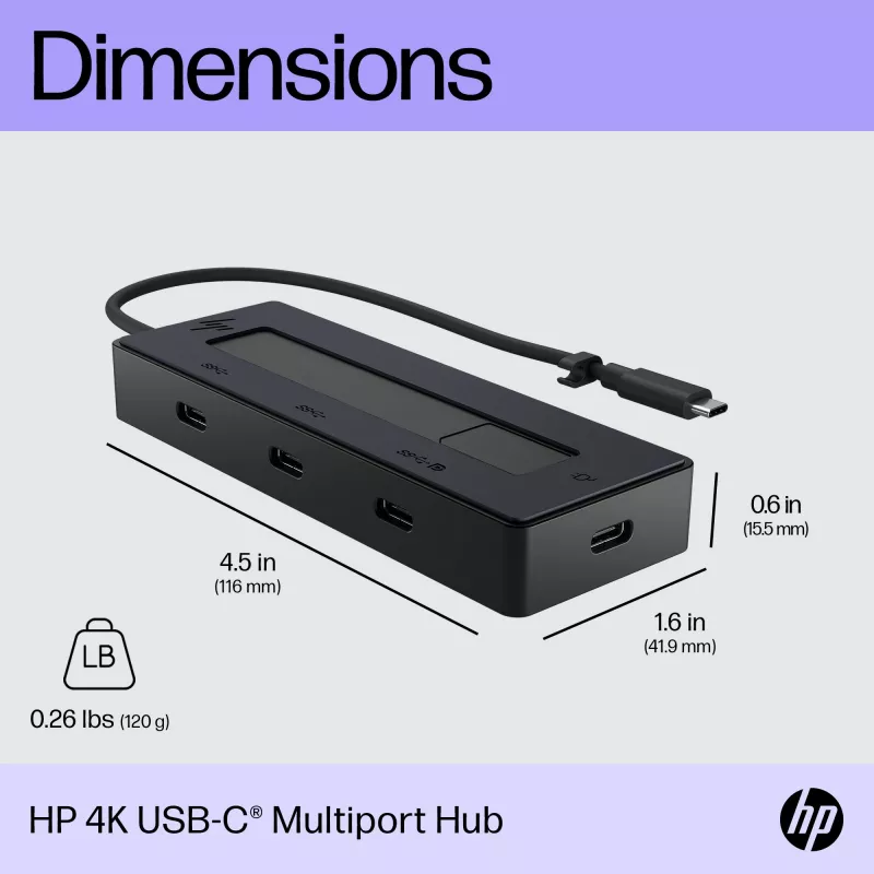 HP 4K USB-C multiport hub, USB Type-C, USB 3.2 Gen 2 (3.1 Gen 2) Type-C, 10000 Mbit/s, zwart, 4K Ultra HD, China