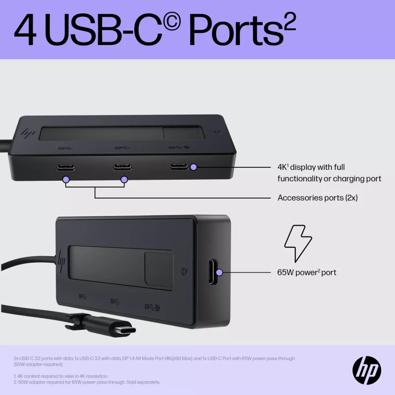 HP 4K USB-C multiport hub, USB Type-C, USB 3.2 Gen 2 (3.1 Gen 2) Type-C, 10000 Mbit/s, zwart, 4K Ultra HD, China