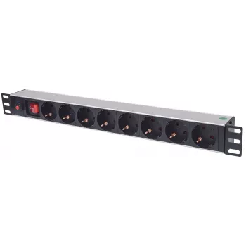 Intellinet 19 inch 1U rackmount 8-uitgangs power distribution unit (PDU) met EU-CEE-7/3-stopcontacten, aan-/uitschakelaar en overbelastingsbeveiliging, geïntegreerde 3m-netkabel met EU-CEE-7/4-stekker