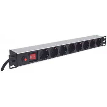 Intellinet 19 inch 1U rackmount 8-uitgangs power distribution unit (PDU) met EU-CEE-7/3-stopcontacten, aan-/uitschakelaar en overbelastingsbeveiliging, geïntegreerde 3m-netkabel met EU-CEE-7/4-stekker