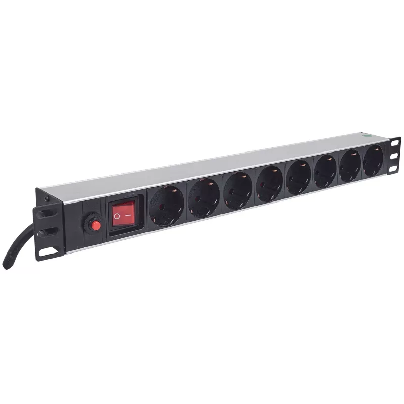 Intellinet 19 inch 1U rackmount 8-uitgangs power distribution unit (PDU) met EU-CEE-7/3-stopcontacten, aan-/uitschakelaar en overbelastingsbeveiliging, geïntegreerde 3m-netkabel met EU-CEE-7/4-stekker