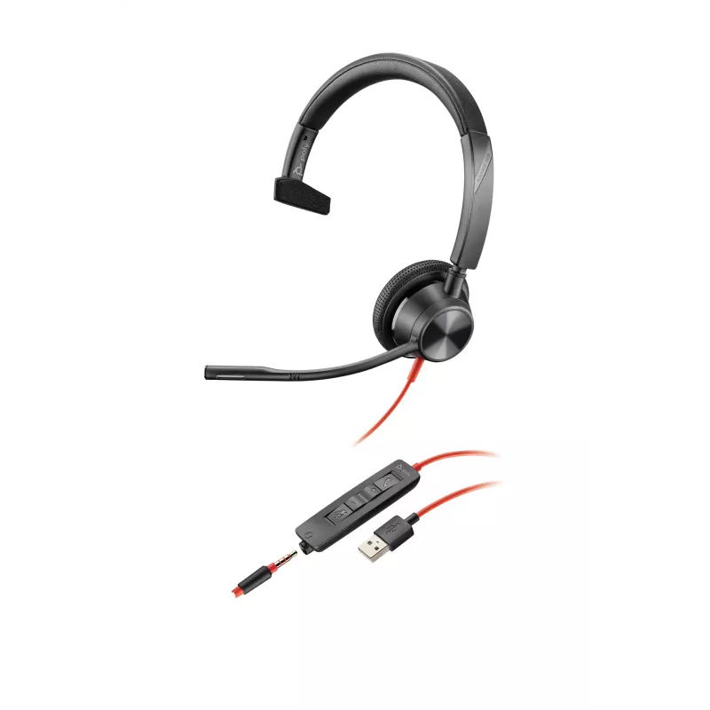 HP Poly Poly Blackwire 3315 USB-A headset, bedraad, 20 - 20000 Hz, kantoor/callcenter, 102 g, headset, zwart, rood