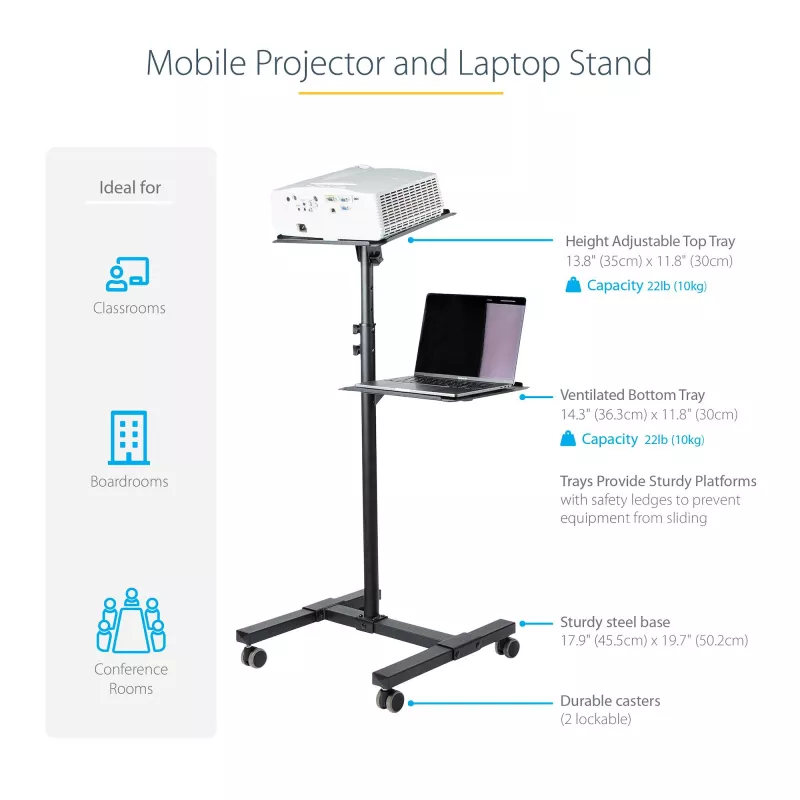 StarTech.com Mobiele projector- en laptopstandaard/wagen – robuuste draagbare projectorstandaard (2 plateaus, elk 10 kg belastbaar) – in hoogte verstelbare rolwagen voor presentaties met vergrendelbare wielen