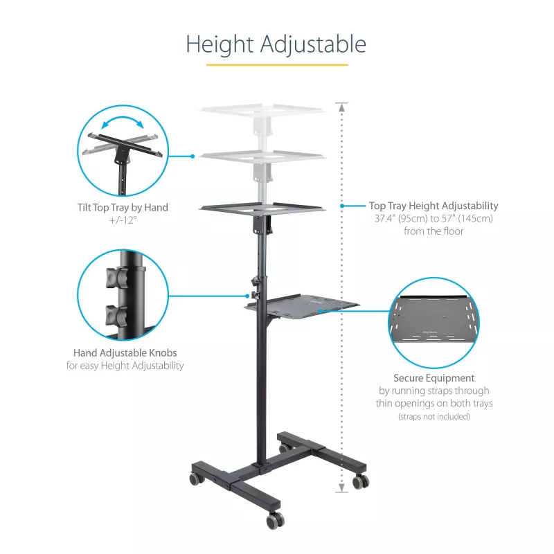 StarTech.com Mobiele projector- en laptopstandaard/wagen – robuuste draagbare projectorstandaard (2 plateaus, elk 10 kg belastbaar) – in hoogte verstelbare rolwagen voor presentaties met vergrendelbare wielen